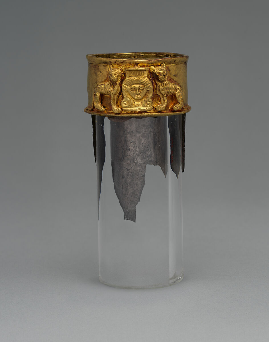 Neck from a vessel depicting the goddess Hathor flanked by felines, Silver, gold 