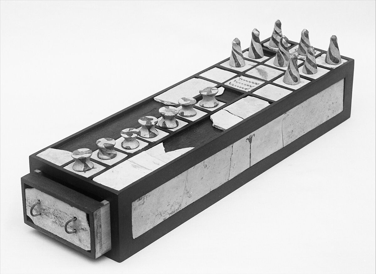 Gameboard and Gaming Pieces, Faience, modern wood