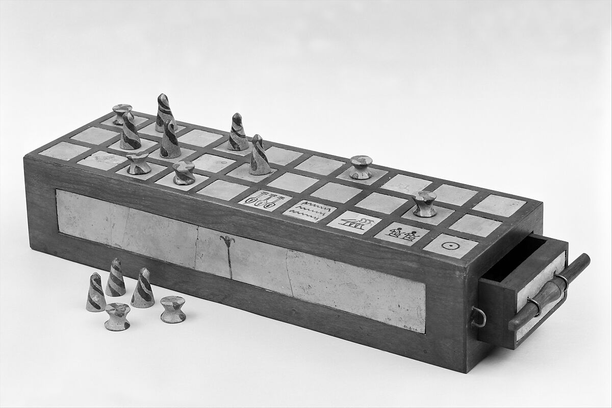 Gameboard and Gaming Pieces, Faience, modern wood