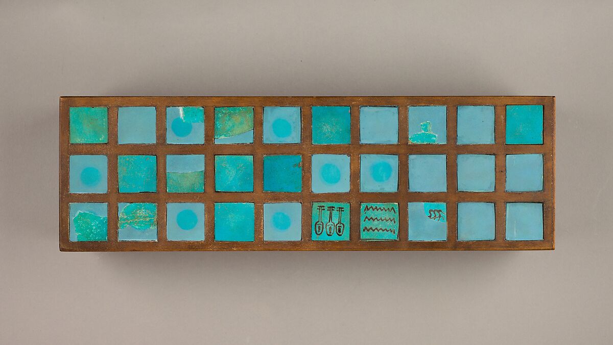 Gameboard and Gaming Pieces, Faience, modern wood