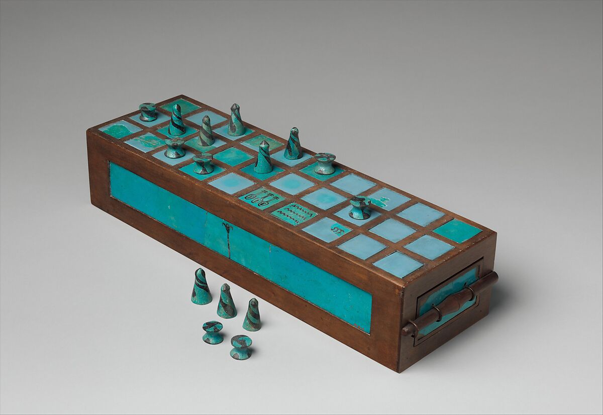 Gameboard and Gaming Pieces, Faience, modern wood 