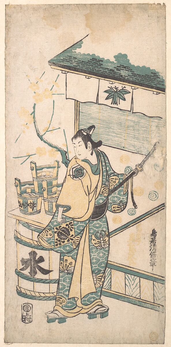 The Actor Oneo Kikugoro in the Role of Soga no Goro, Torii Kiyomasu I (Japanese, active 1696–1716), Woodblock print; ink and color on paper, Japan 