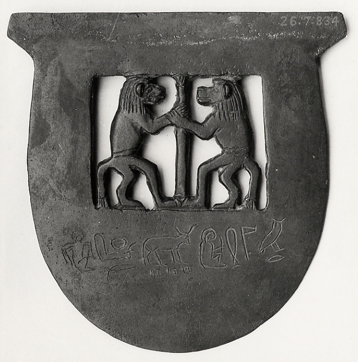 Ax head inscribed for Khumeh with two baboons and a papyrus column, Bronze or copper alloy 