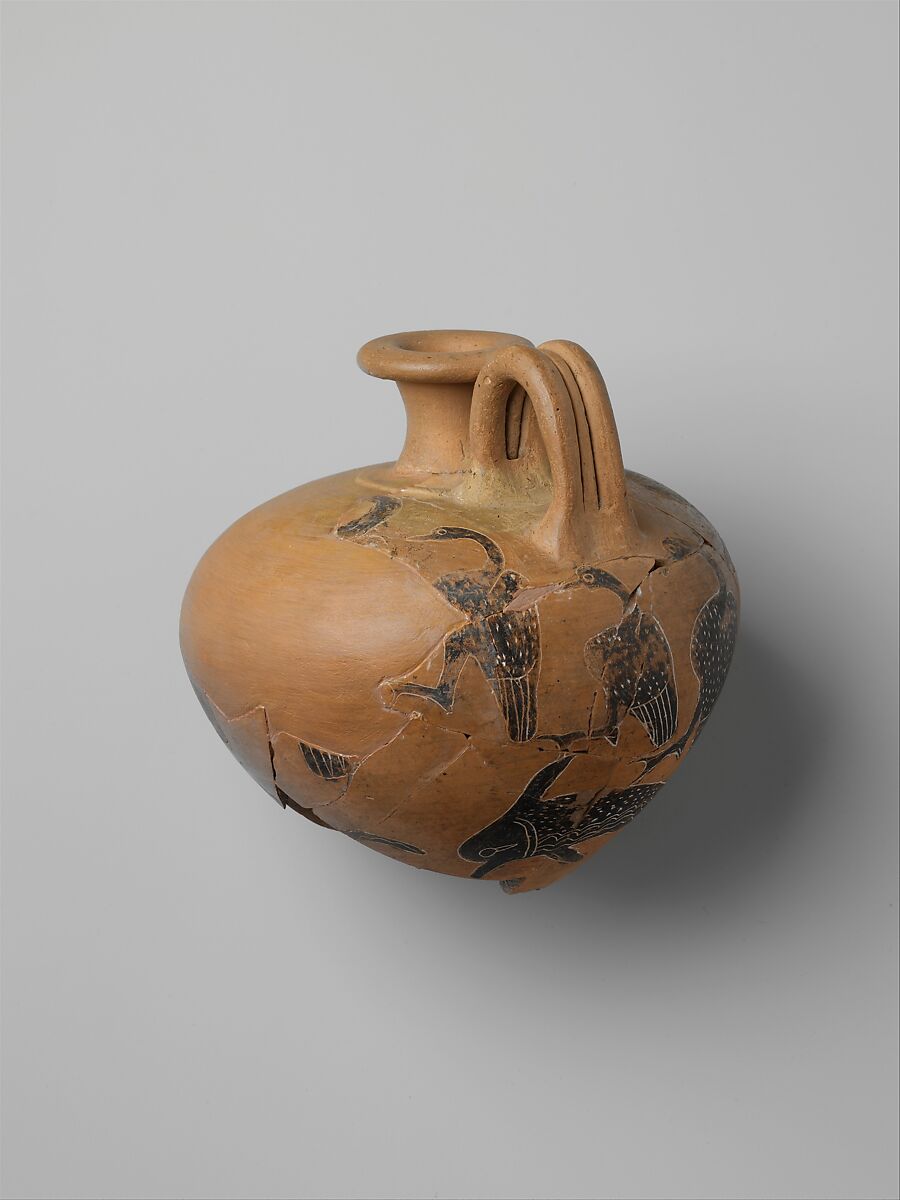 Jug Decorated with Dolphins and Birds, Pottery, manganese black, gypsum fill