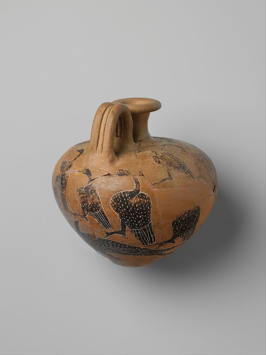 Jug Decorated with Dolphins and Birds, Pottery, manganese black, gypsum fill