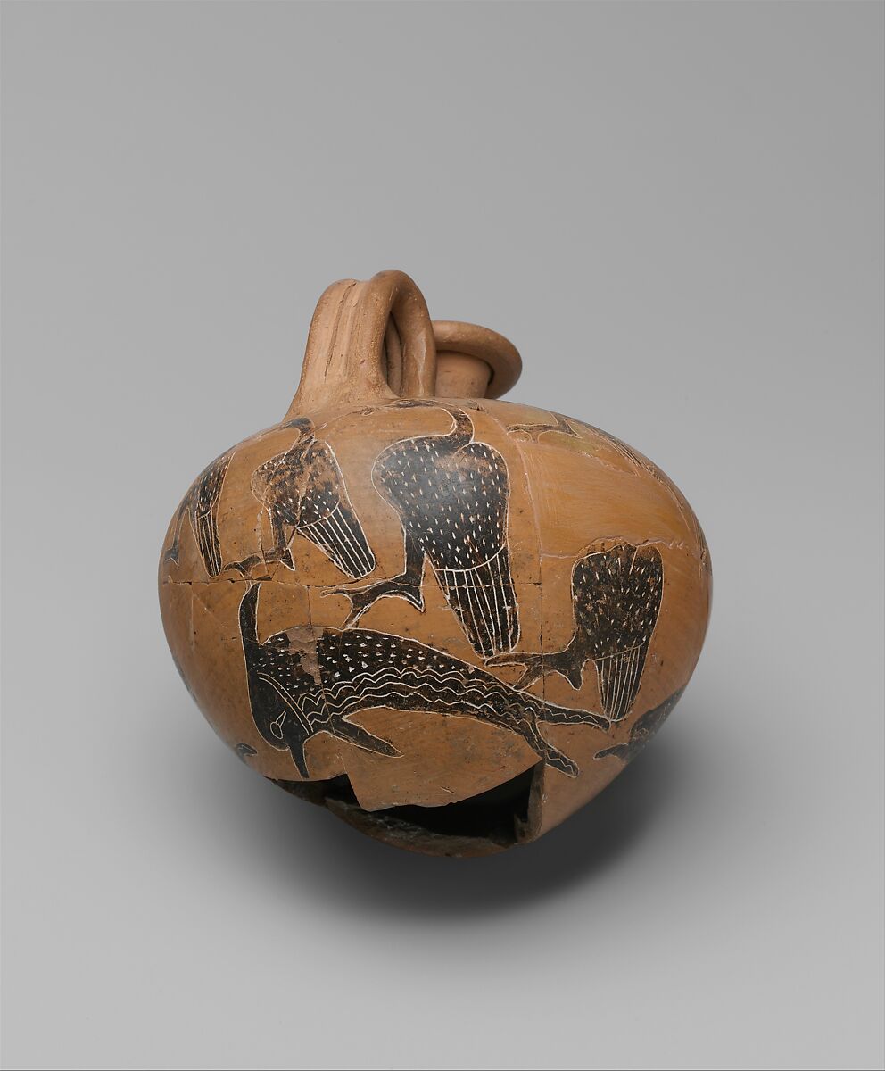 Jug Decorated with Dolphins and Birds, Pottery, manganese black, gypsum fill