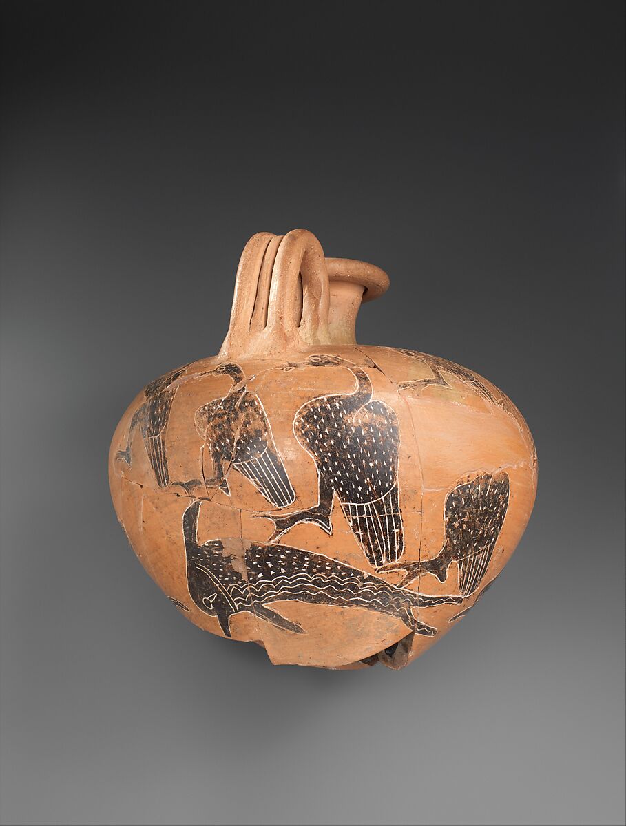 Jug Decorated with Dolphins and Birds, Pottery, manganese black, gypsum fill 