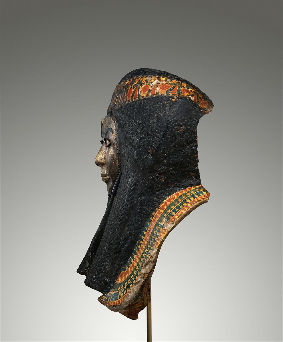 Funerary Mask of a Woman, Cartonnage, gesso, paint, gold, copper alloy, faience