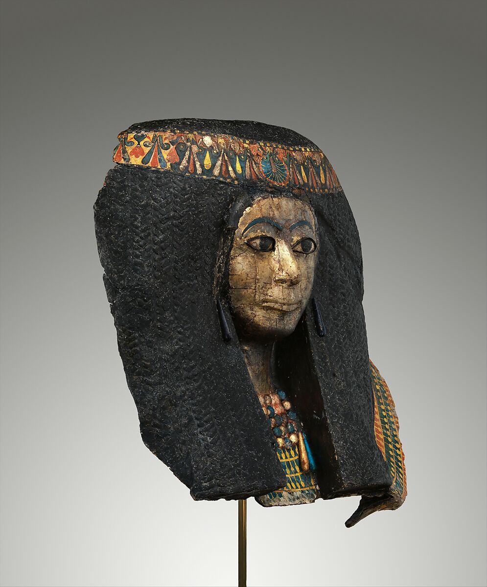 Funerary Mask of a Woman, Cartonnage, gesso, paint, gold, copper alloy, faience