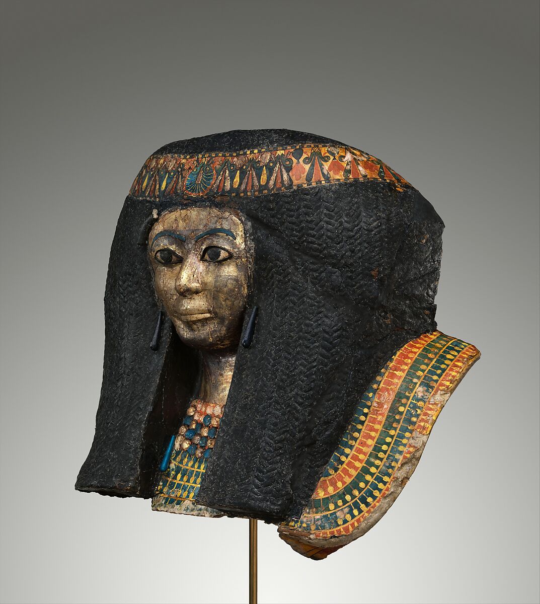 Funerary Mask of a Woman, Cartonnage, gesso, paint, gold, copper alloy, faience