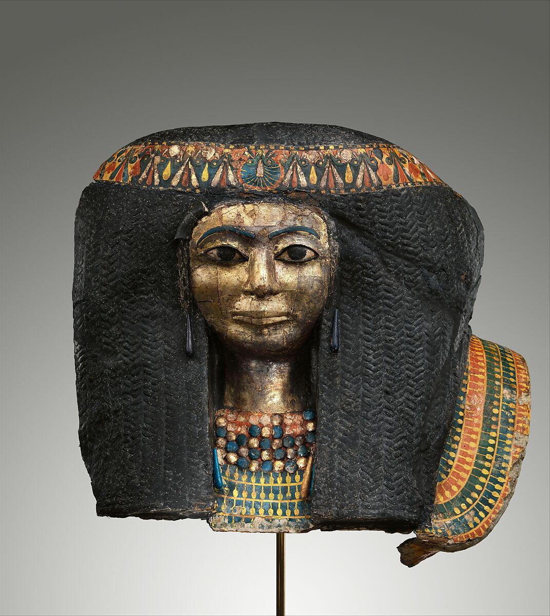 Funerary Mask of a Woman, Cartonnage, gesso, paint, gold, copper alloy, faience 