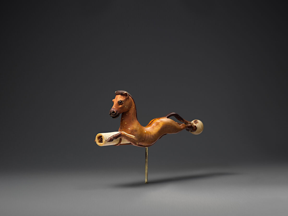 Whip Handle in the Shape of a Horse, Ivory, garnet, paint