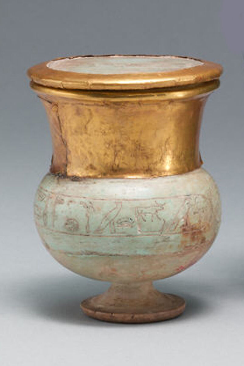 Wide-necked jar and lid naming Thutmose III, Vitreous material, gold 