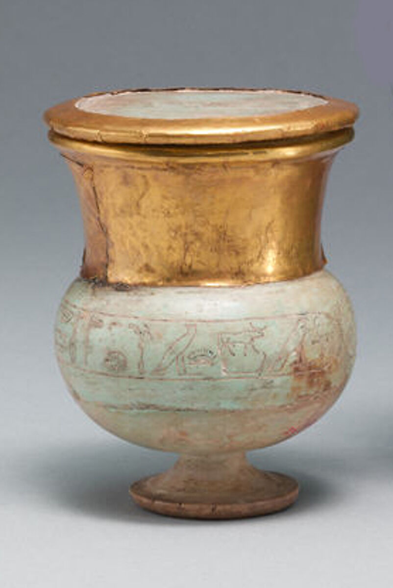 Wide-necked jar and lid naming Thutmose III, Vitreous material, gold