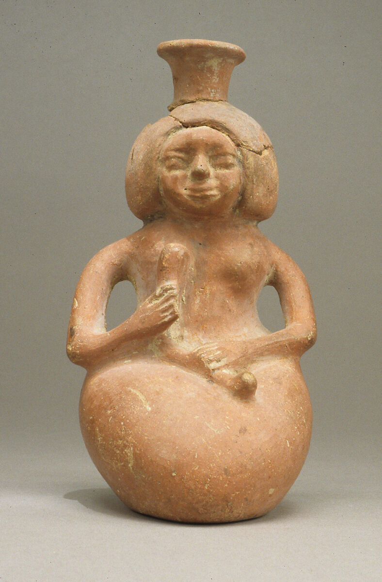 Jar in the Form of a Woman Playing a Lyre, Pottery, paint
