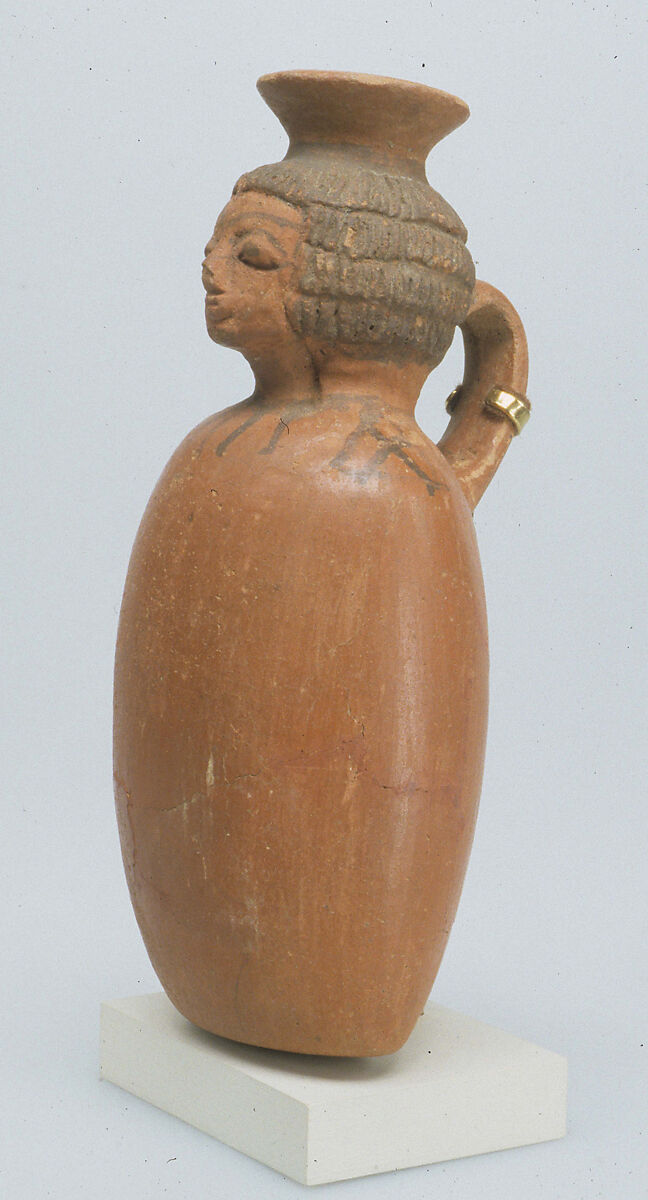 Jug in the shape of a woman's head, Pottery, paint
