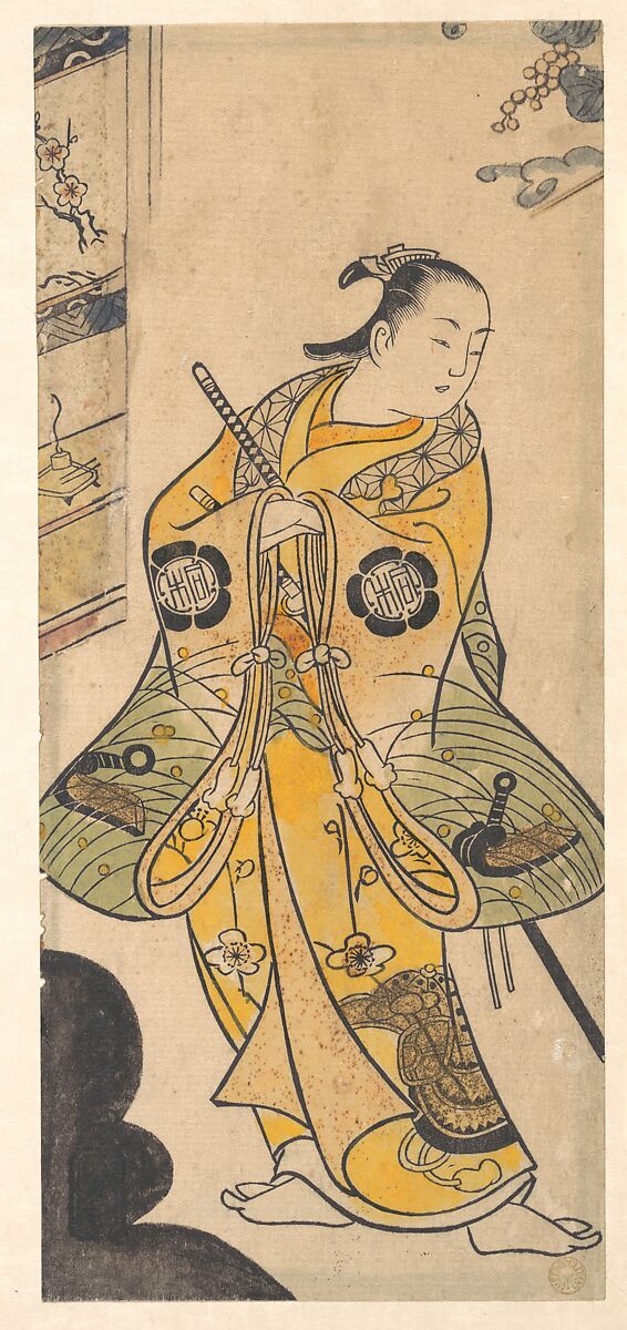 Actor as a Samurai Youth, Torii Kiyotada (Japanese, fl. ca. 1720–50), Woodblock print; ink and color on paper (Urushi-e), Japan 