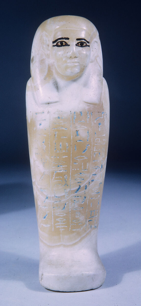 Shabti of Bener, Travertine (Egyptian alabaster), paint 