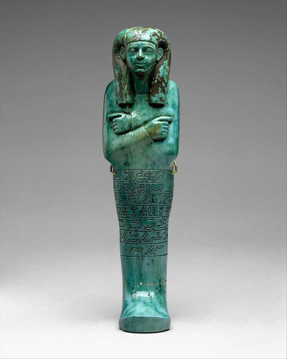 Shabti of Seniu, Glazed steatite, paint 