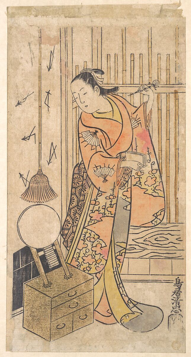 Actor as a Woman Standing by a Mirror Stand, Torii Kiyotada (Japanese, fl. ca. 1720–50), Woodblock print; ink and color on paper (Urushi-e), Japan 