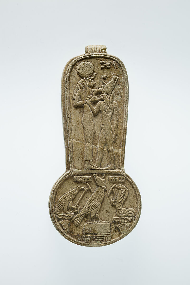 Menat of Taharqo: the King Being Nursed by the Lion-Headed Goddess Bastet, Faience 
