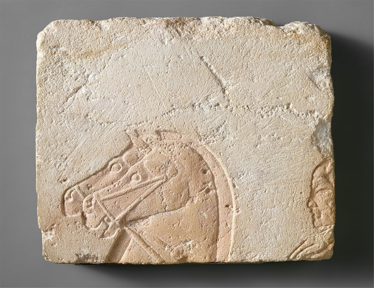 Heads of Two Horses and a Charioteer, Limestone, paint 