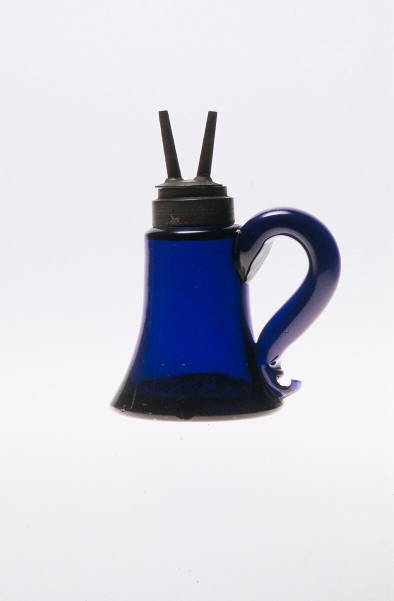 Whale Oil Lamp, Blue free-blown glass 