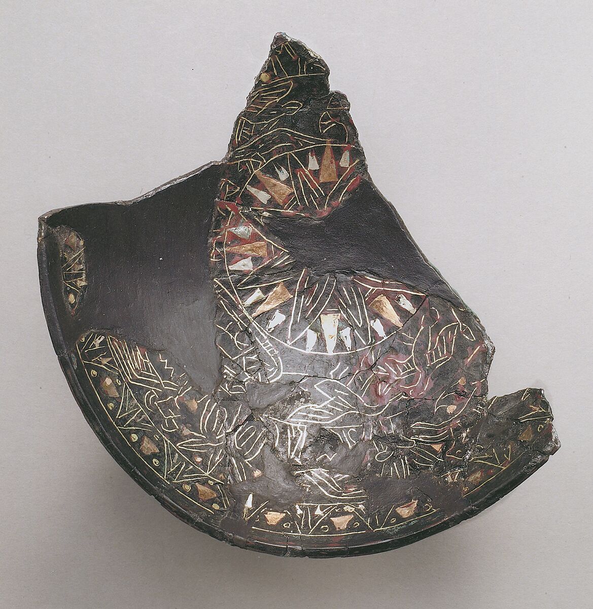 Fragment From Decorated Bowl, Black bronze with gold, silver, and copper inlays