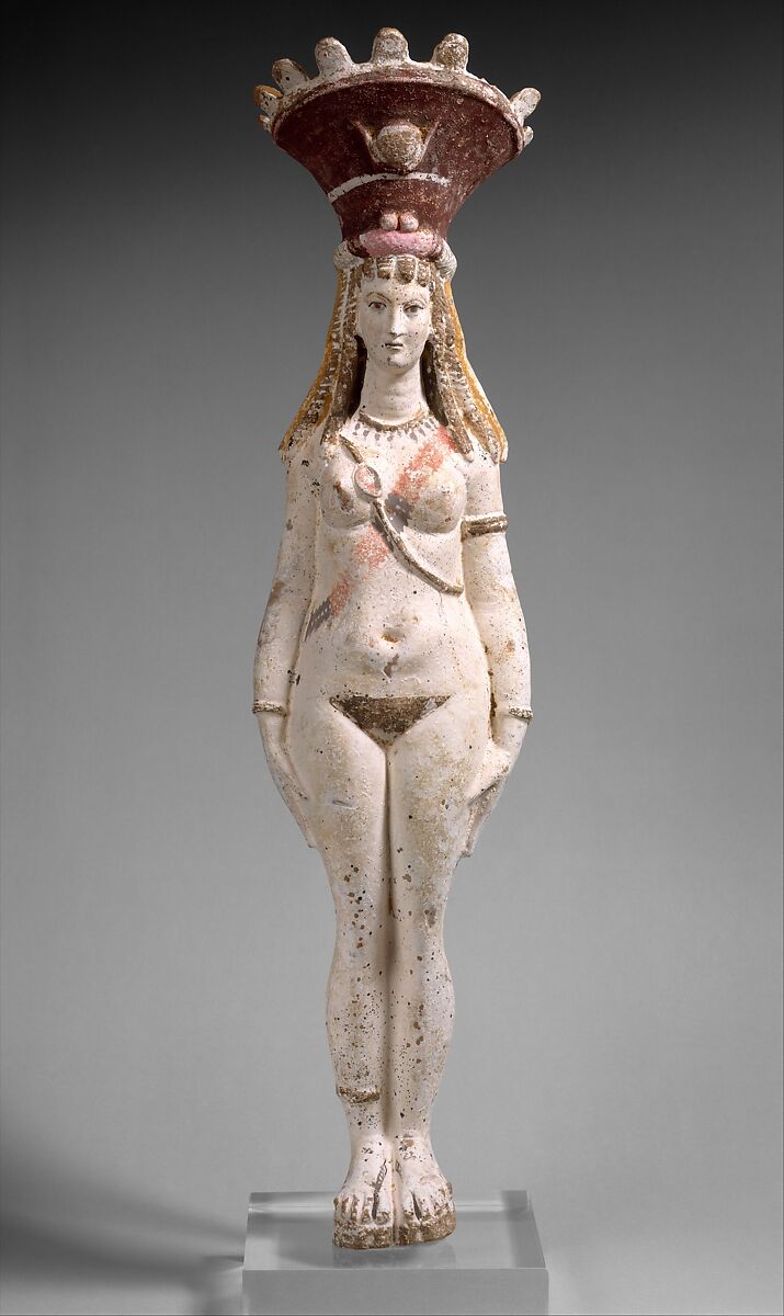 Figure of Isis-Aphrodite, Terracotta painted brown, black, red, and pink on white engobe 