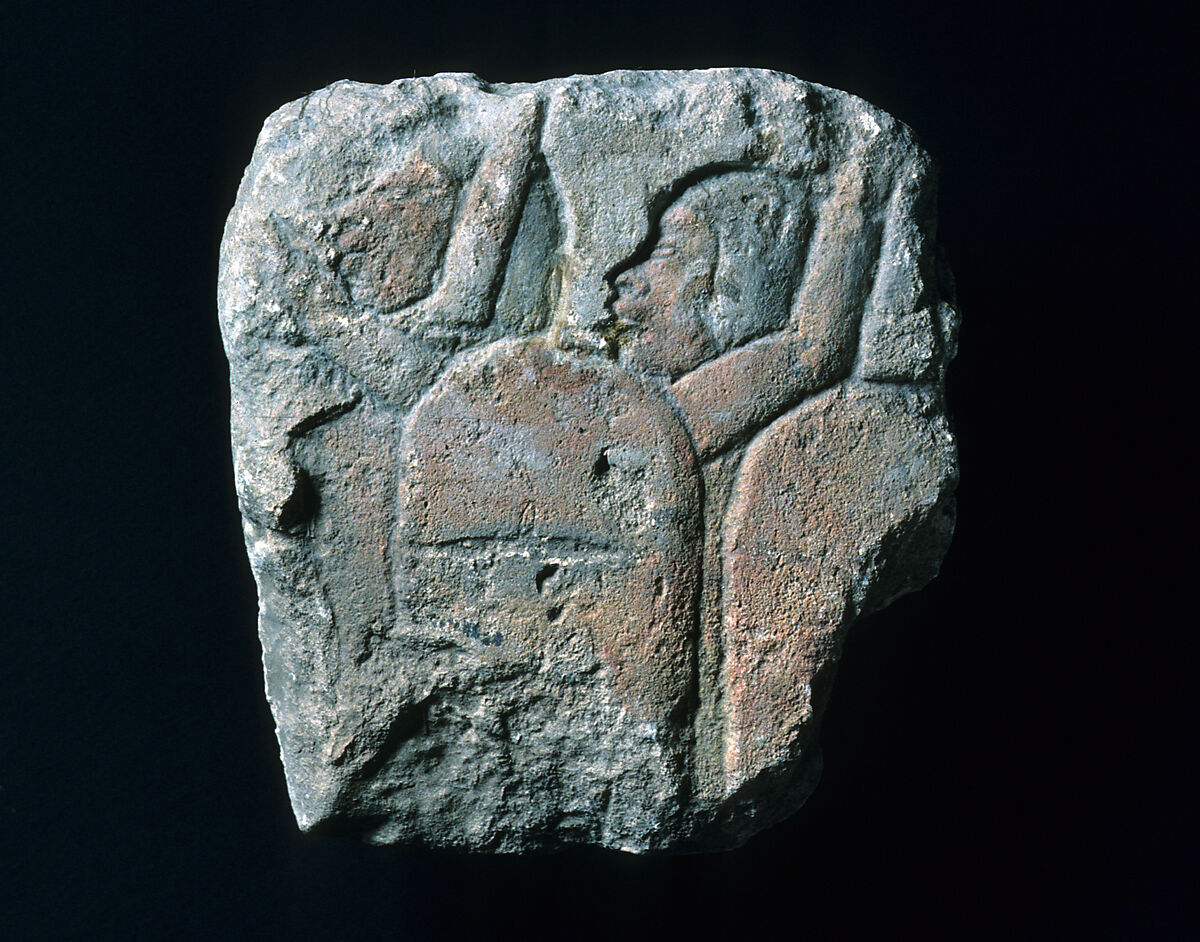 Relief fragment with Nubian soldiers, Limestone, paint (mostly modern) 