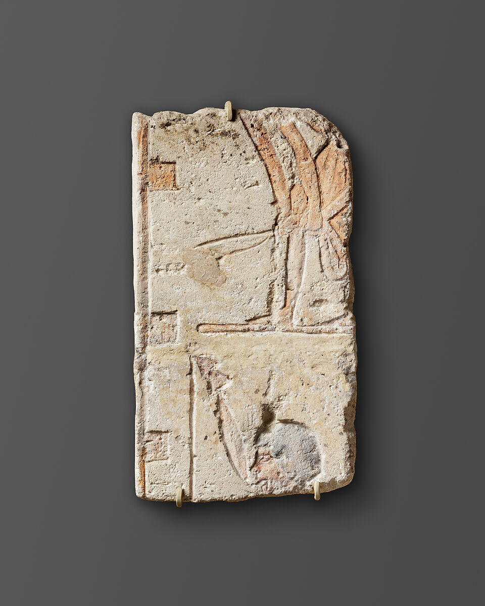 Relief fragment with a temple enclosure wall, Limestone, paint (mostly modern) 