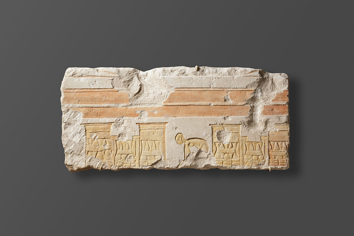 Relief fragment with a temple courtyard, Limestone, paint (mostly modern) 