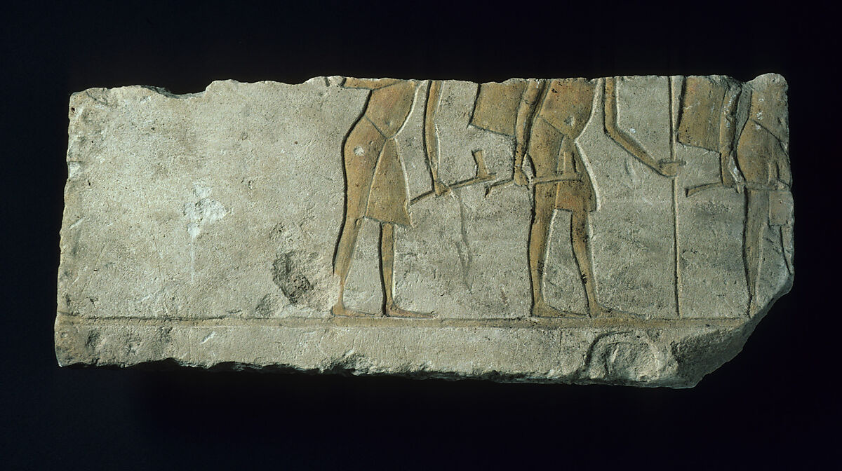 Relief with three soldiers, Limestone, paint (mostly modern) 