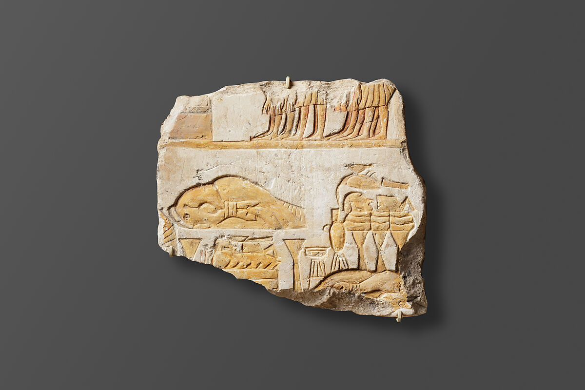 Relief with offerings and bowing officials, Limestone, paint (mostly modern) 