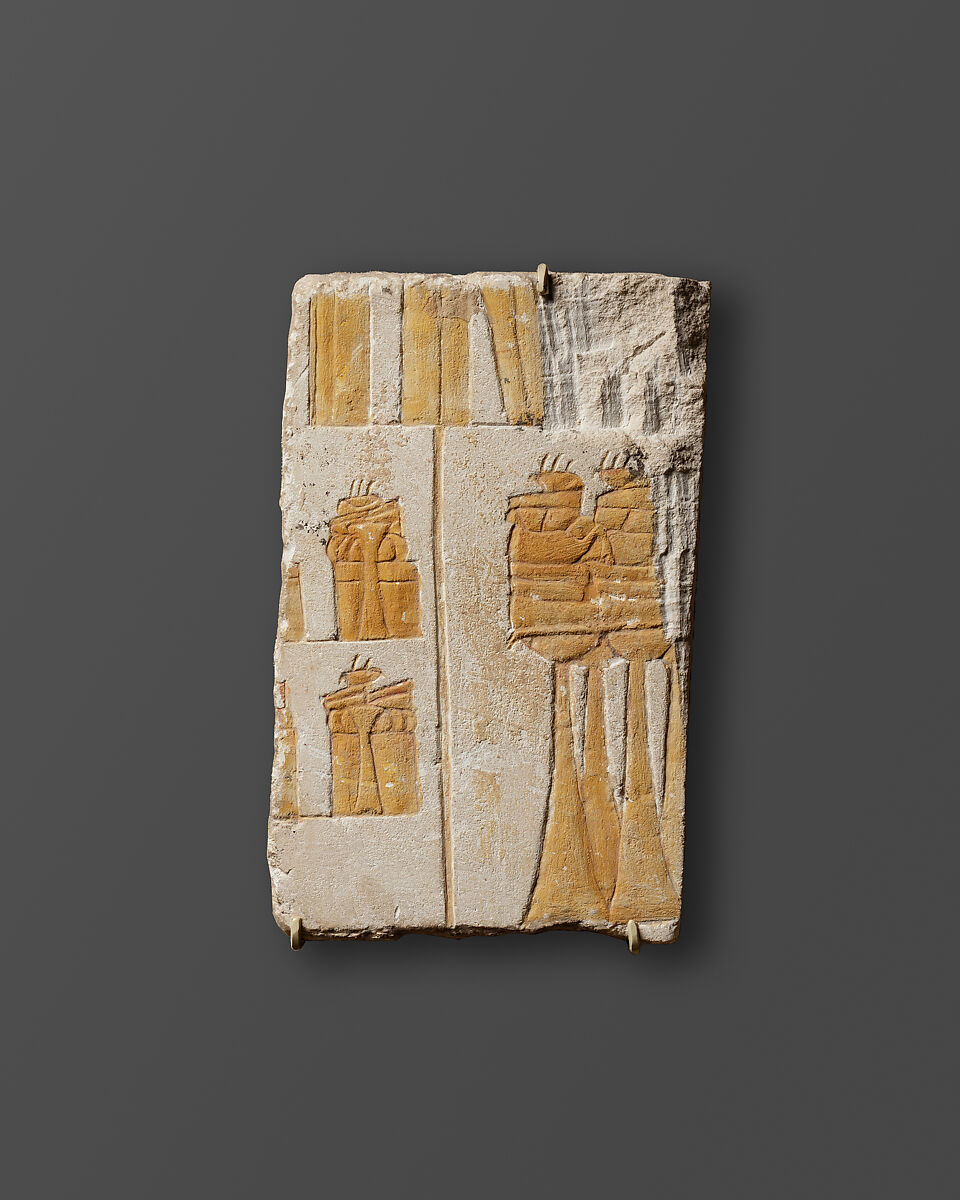 Relief with two temple courts with offerings, Limestone, paint (mostly modern) 