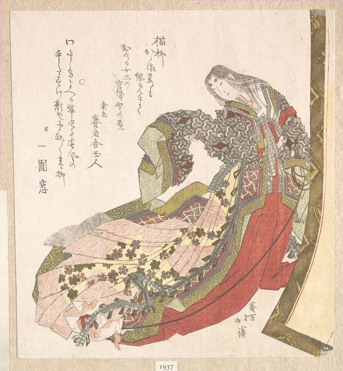 Court Lady, Totoya Hokkei (Japanese, 1780–1850), Woodblock print (surimono); ink and color on paper, Japan 