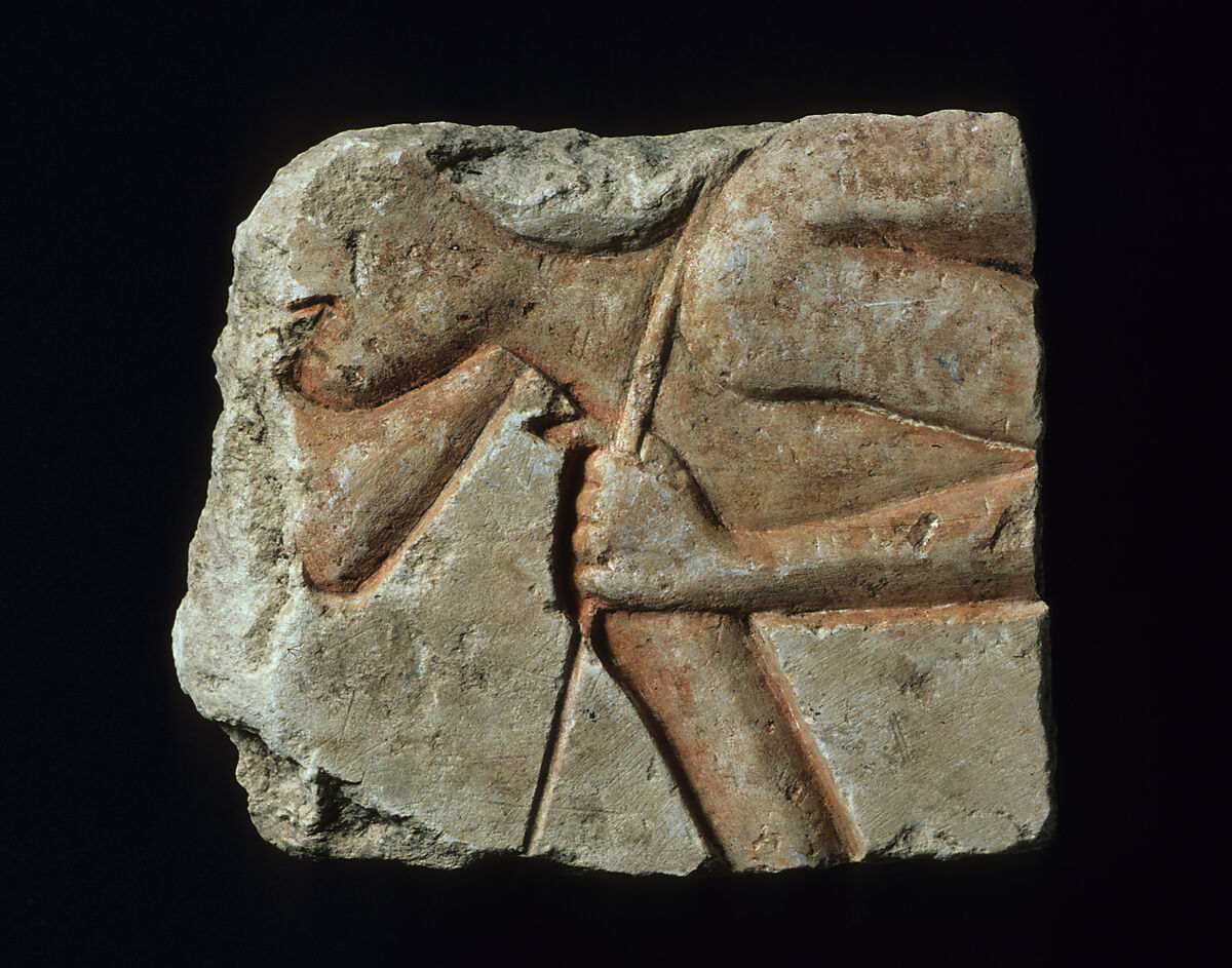 Relief with a stooped workman, Limestone, paint (mostly modern) 