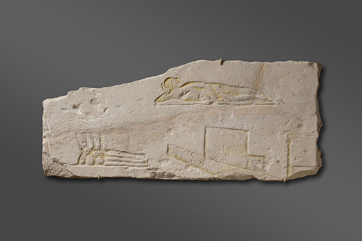 Relief with ship and campfire, Limestone, paint (mostly modern) 