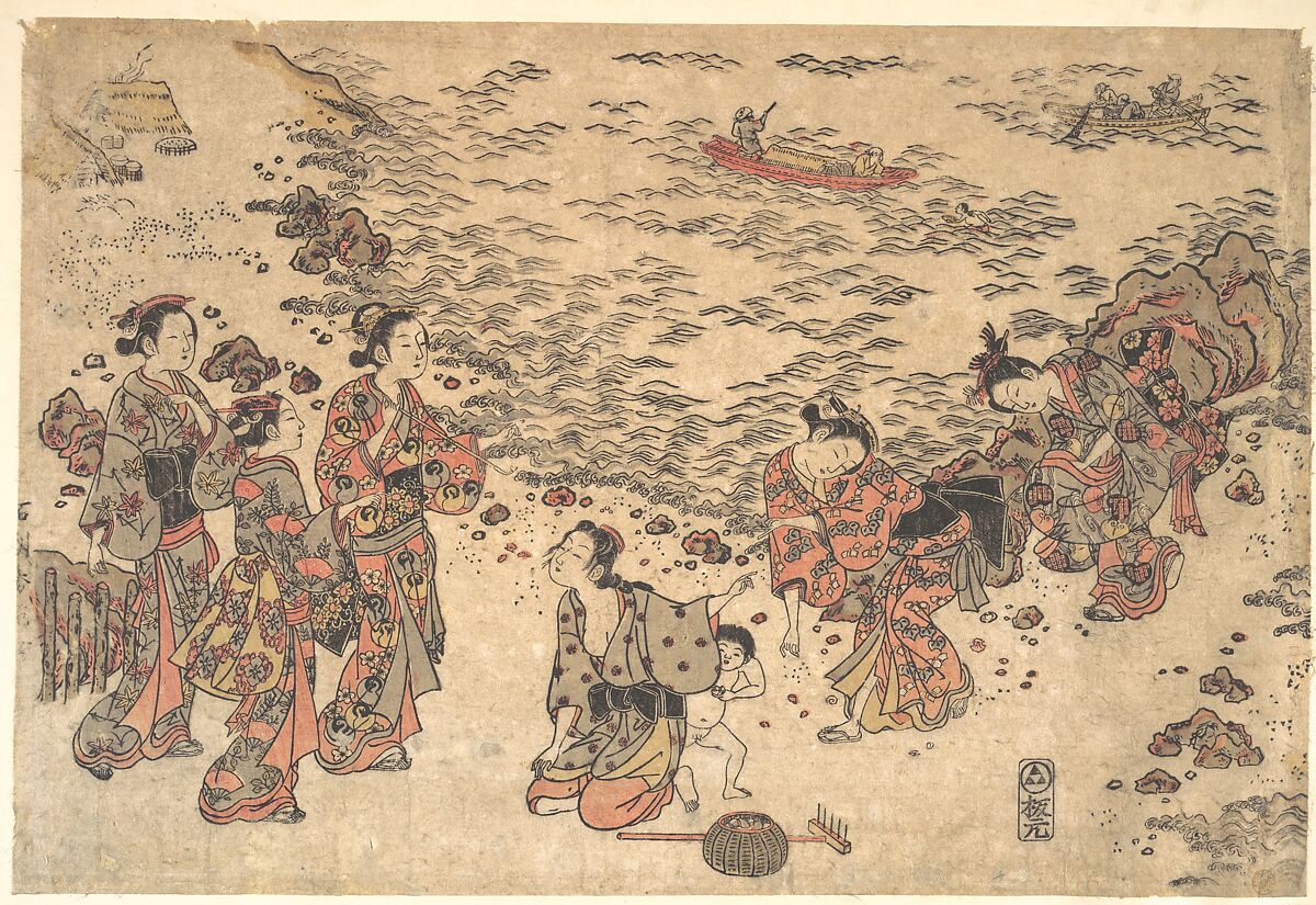 Women and a Small Boy Gathering Shells on a Beach by the Sea, Ishikawa Toyonobu (Japanese, 1711–1785), Woodblock print; ink and color on paper, Japan 