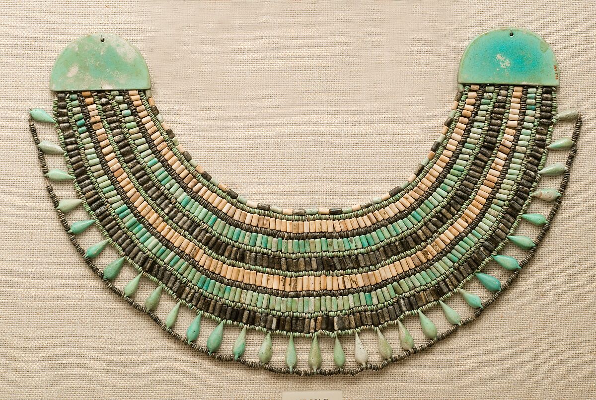 Broad collar, Black, white and blue-green faience 