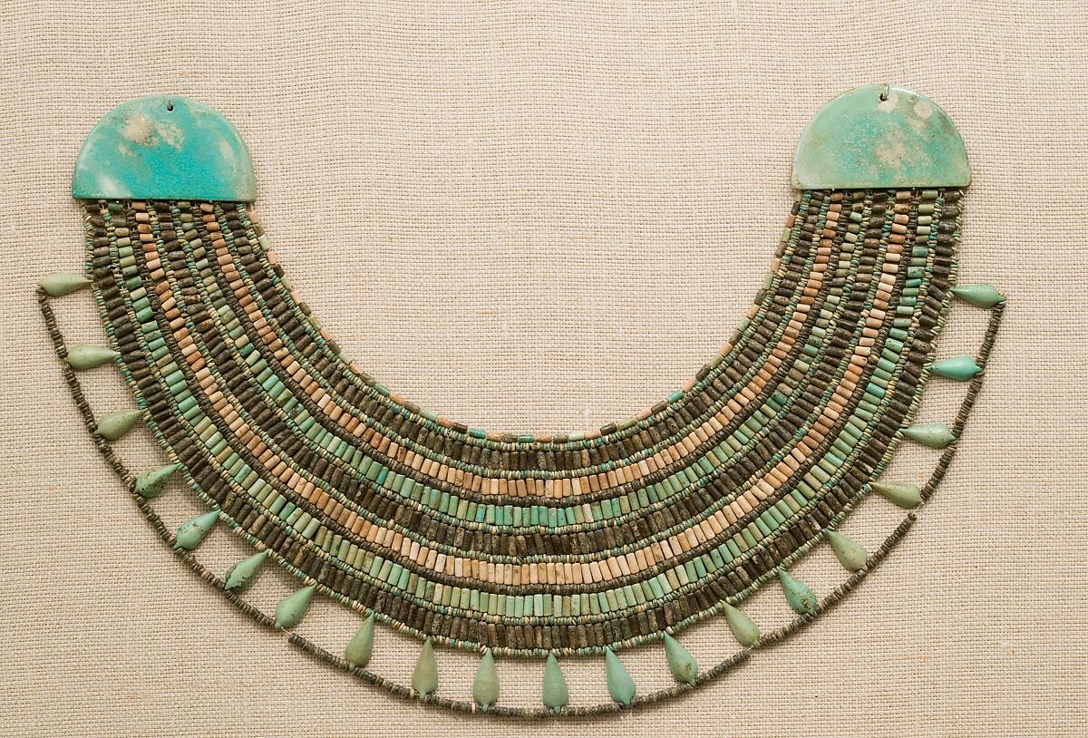 Broad collar, Black, white and blue-green faience 