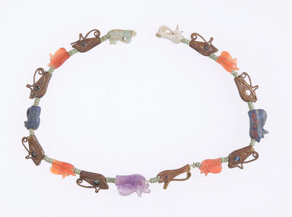 String of Wedjat Amulets, Gold, carnelian, lapis-lazuli, amethyst, beryl