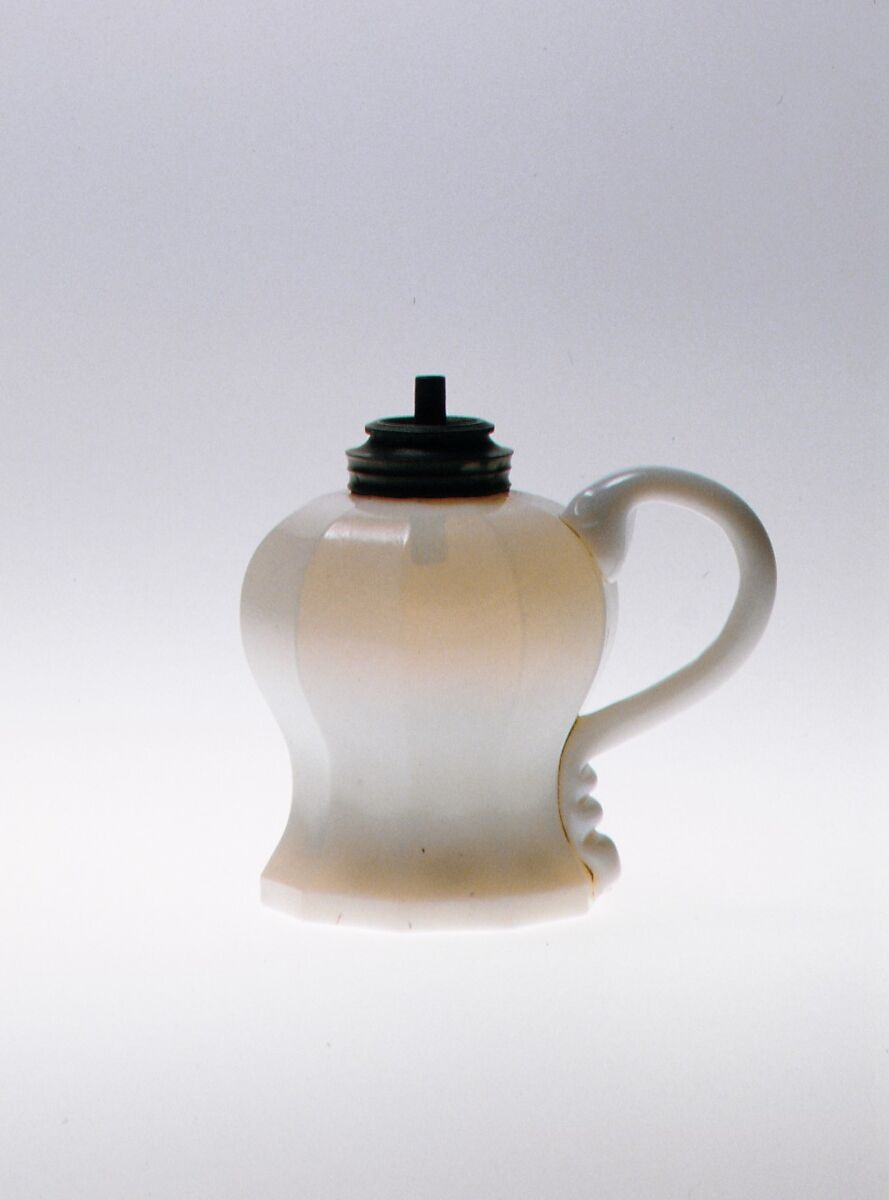 Whale Oil Lamp, Mechanically-blown opalescent and opaque white glass 