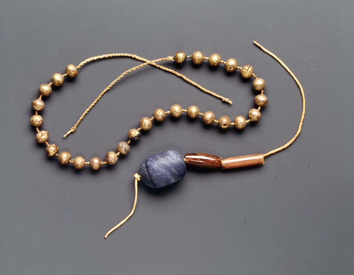 Scarab and Bead Bracelet, Lapis lazuli, carnelian, linen cord