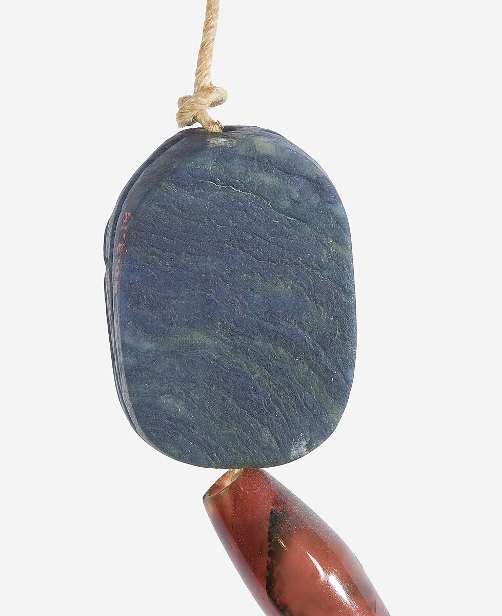 Scarab and Bead Bracelet, Lapis lazuli, carnelian, linen cord