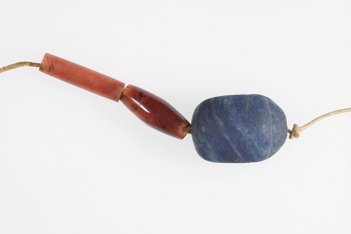 Scarab and Bead Bracelet, Lapis lazuli, carnelian, linen cord