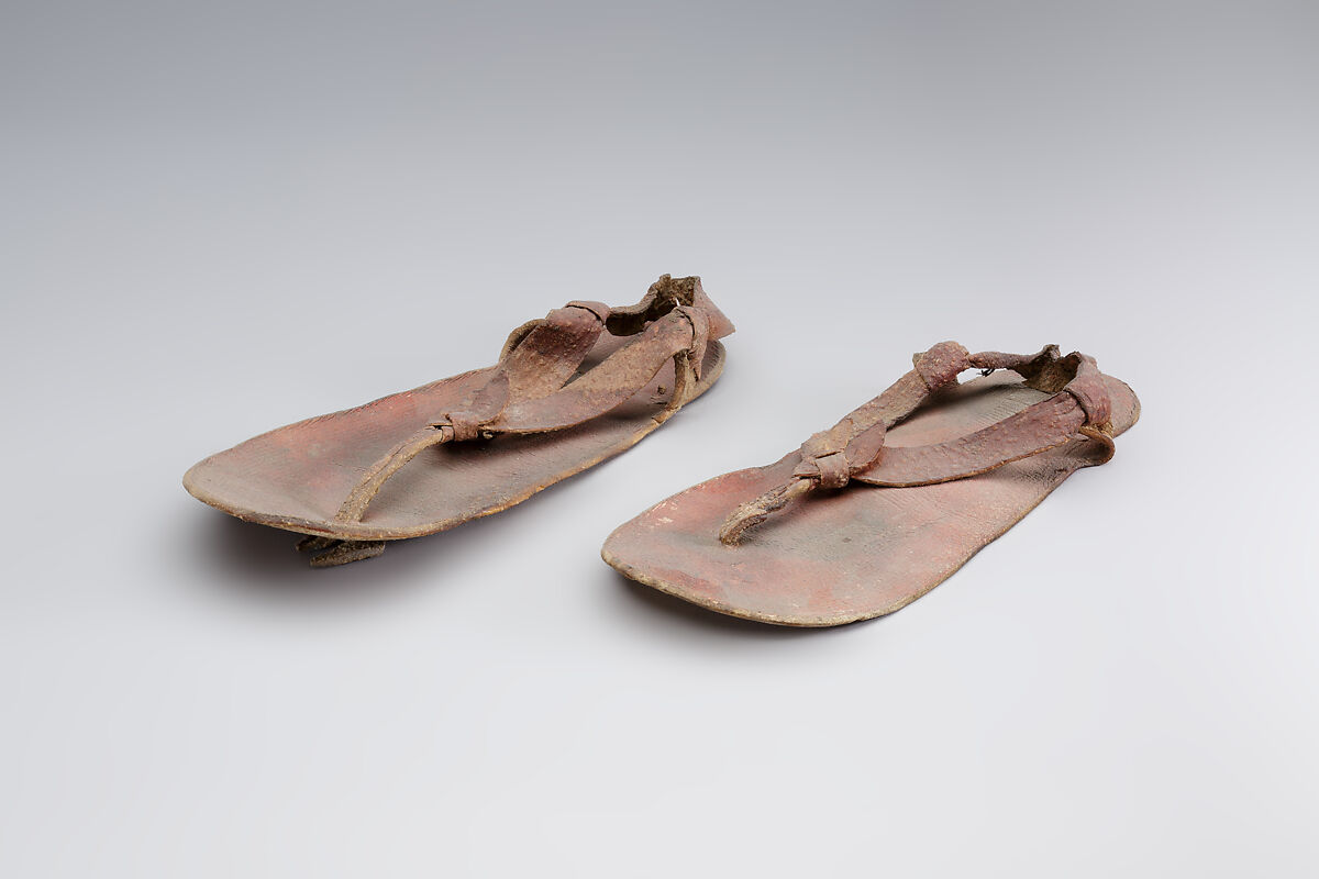 Pair of sandals from the Burial of Amenhotep, Cow hide, calf skin, stained red 