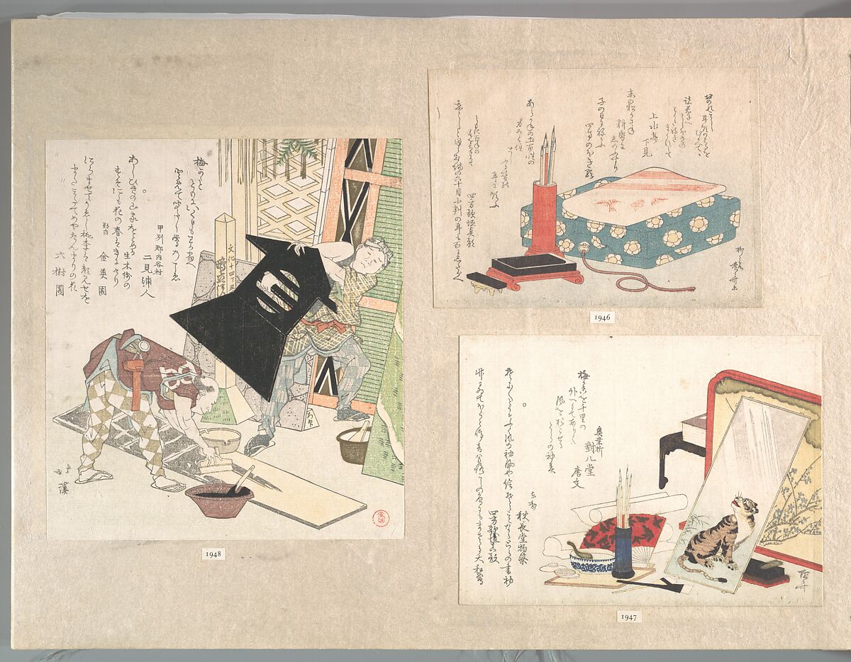 Writing Set and Poem Card Box (Shikishi-bako), from Spring Rain Surimono Album (Harusame surimono-jō), vol. 1, Ryūryūkyo Shinsai (Japanese, active ca. 1799–1823), Privately published woodblock prints (surimono) mounted in an album; ink and color on paper, Japan 