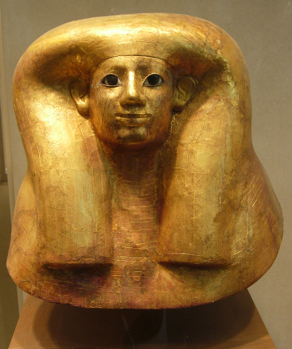 Funerary mask of Hatnefer, Cartonnage, gold, travertine (Egyptian alabaster), obsidian, ebony 