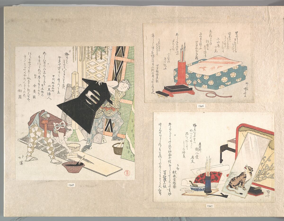 Preparations for the New Year, from Spring Rain Surimono Album (Harusame surimono-jō, vol. 1), Totoya Hokkei (Japanese, 1780–1850), Privately published woodblock prints (surimono) mounted in an album; ink and color on paper, Japan